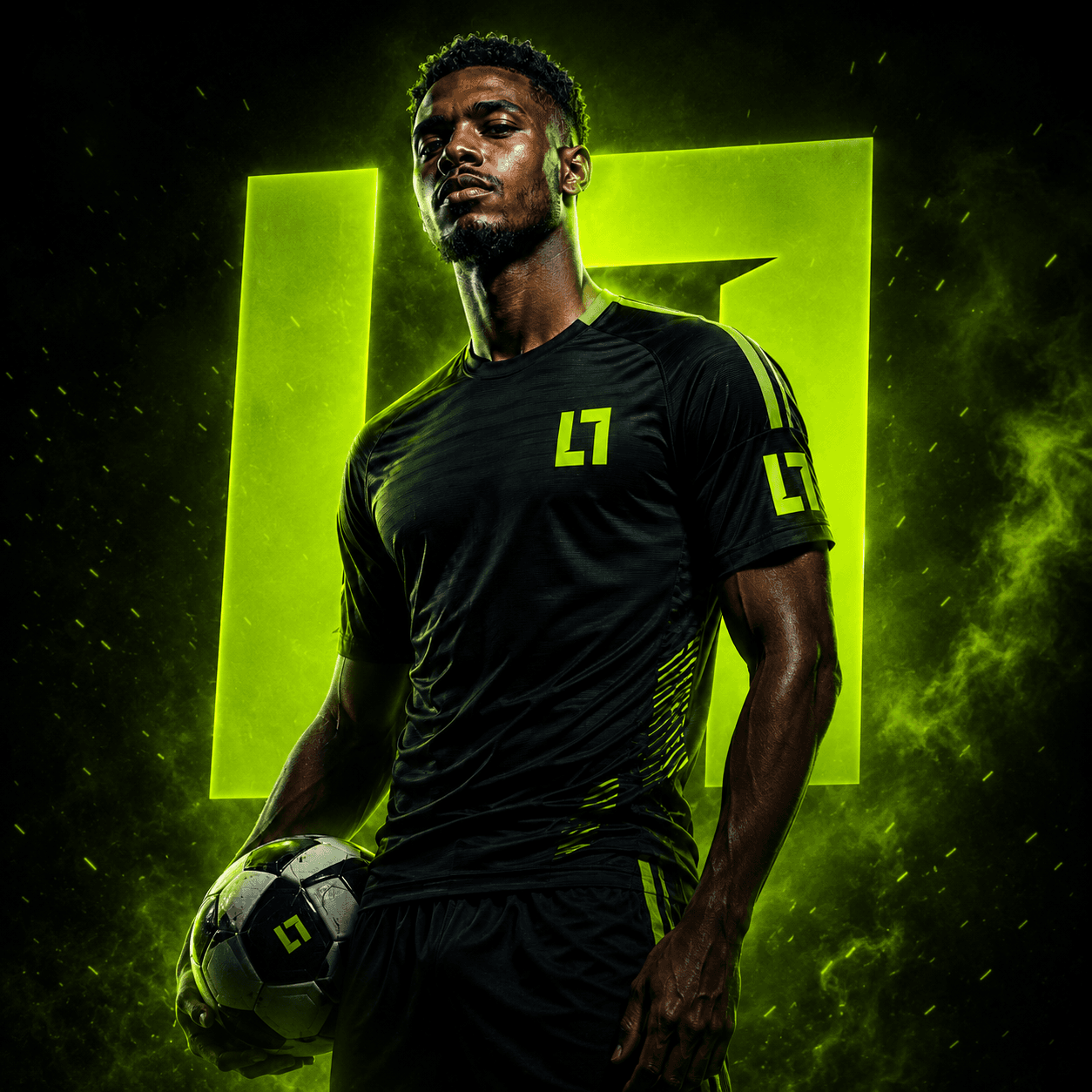 Footballer in a black Ludis kit against a Lightning Green backdrop